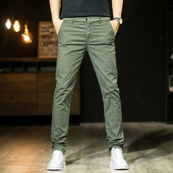 

men's casual pants slim straight trousers pure cotton stretch simple solid color feet, Black