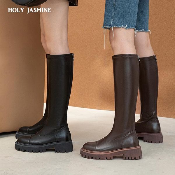 

boots 2021 autumn zipper knee high genuine leather+pu thick heels shoes woman winter quality working office lady, Black