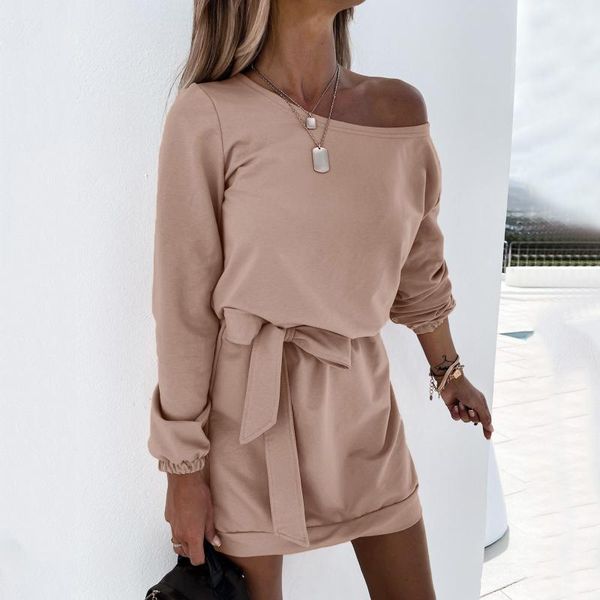 

casual dresses office lady bandage dress solid color cold shoulder long sleeve loose mini with belt elegant commuting woman 40#, Black;gray
