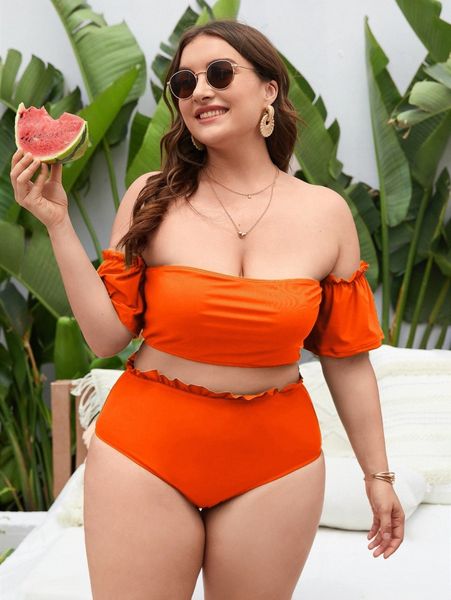 

plus plain frill trim high waisted bikini swimsuit w4ya#, Black