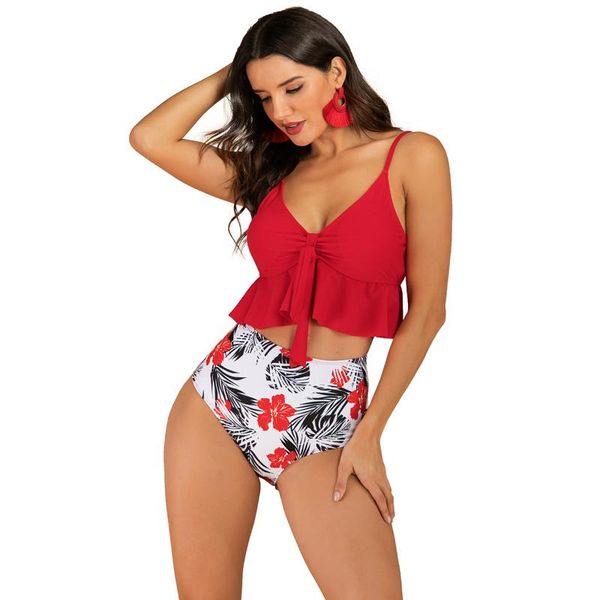 

women tankini swimsuits high waisted bikini retro ruffled crop tummy control printed bottom two piece bathing suits swimwear one-piece