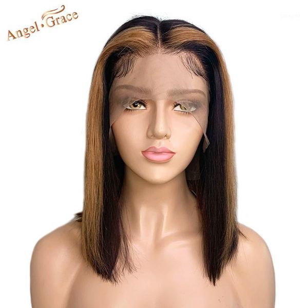 

angel grace hair 13*4 ombre short bob lace front human wigs straight 4/27 color pre plucked remy1, Black;brown