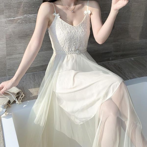 

casual dresses summer sleeveless party dress mesh lace v neck maxi for women floral a line high waist long robe, Black;gray