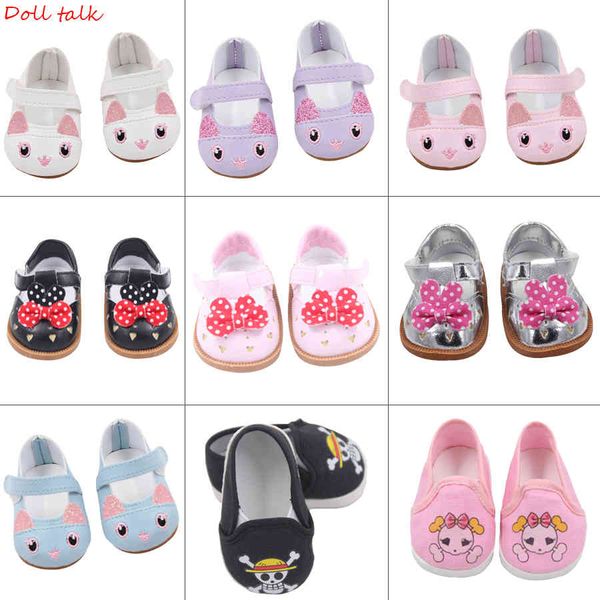 7 cm hochwertige Mini-Schuhe mit Schleife, Cartoon-Schädel-Muster, für 18-Zoll-Amerikaner- und Baby-New-Bron-Puppen