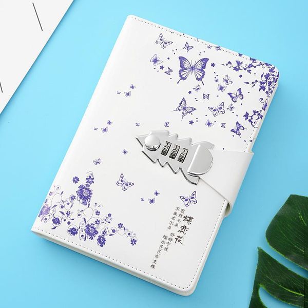 

blue and white porcelain pattern design password notebooks a5 notebook with lock writing pads lockable notepad diary school notepads, Purple;pink