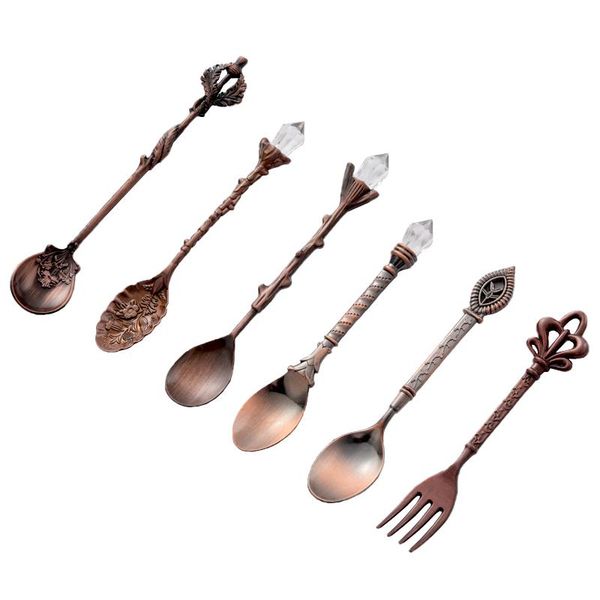 

spoons 6pcs/set retro tableware suit royal style gold carved fork coffee fruit prikkers dessert kitchen supplies
