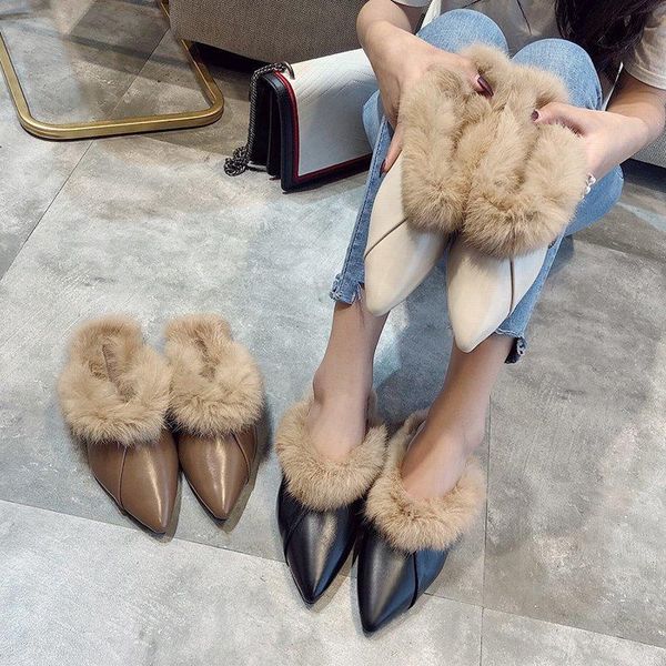 

slippers flat shoes female plush for adults low slipers women luxury slides rubber flip flops winter footwear square toe fur 202, Black