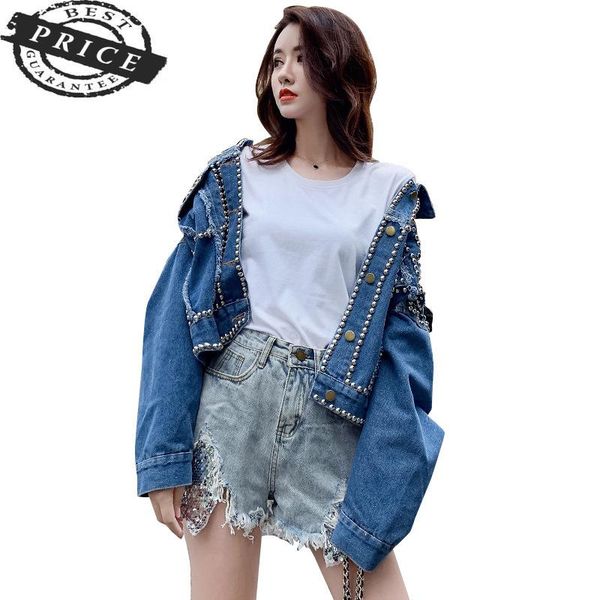 

spring 2021 denim jacket female and autumn beaded diamonds korean bf wind loose cowboy short jeans women's jackets, Black;brown