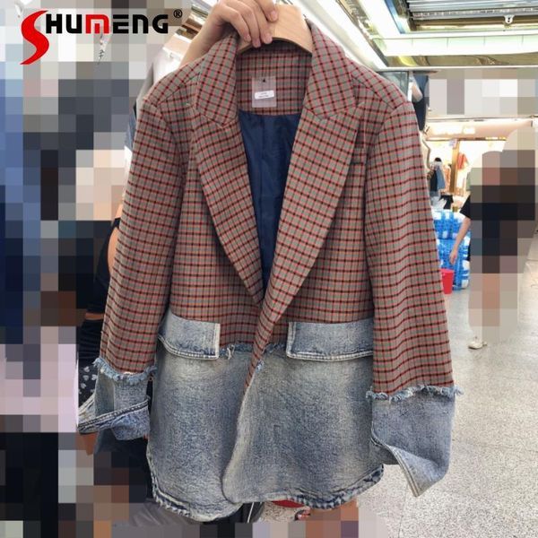 

women's suits & blazers women jackets patchwork suit jacket plaid stitching edge casual long sleeve slim button denim female 2021, White;black