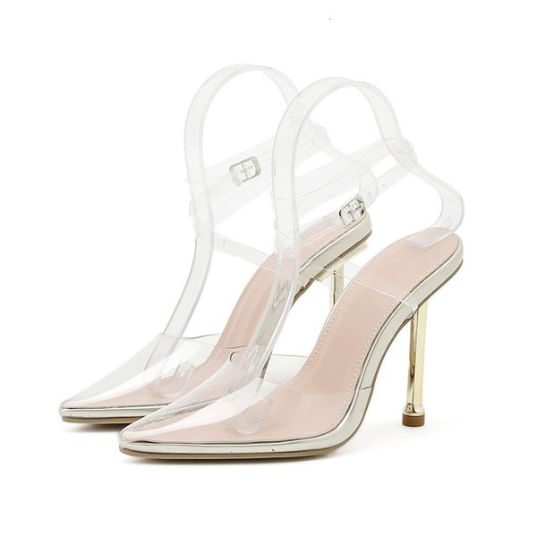 

slippers transparent pvc sandals women pointed toe clear strap high heel stilettos pumps summer shoes buckle at2o, Black