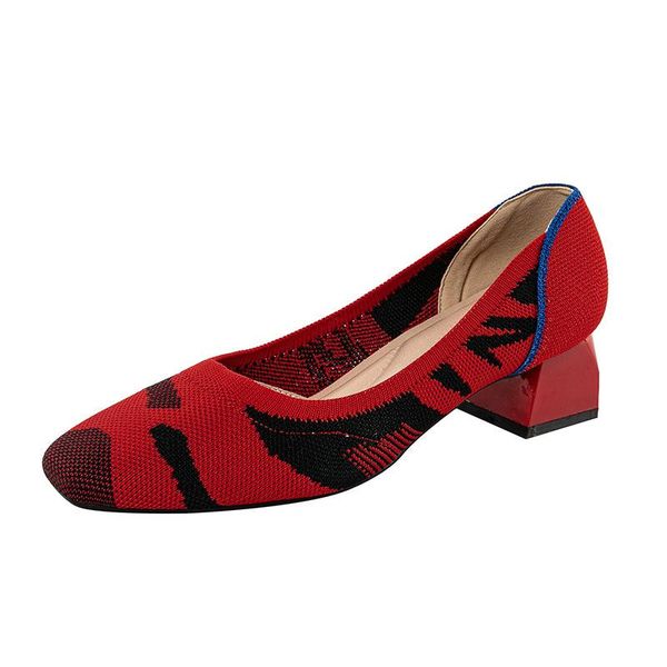 

dress shoes knitting single women square toe thick heels shallow mouth mid-heel high work ladies shoe pointed, Black