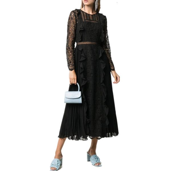 

dresses women black fall see through sleeve ruffles lace spliced pleated chiffon long es birthday party, Black;gray