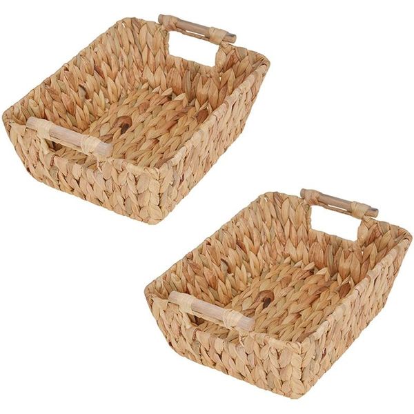 

hand-woven large storage baskets with wooden handles, water hyacinth wicker for organizing, set of 2