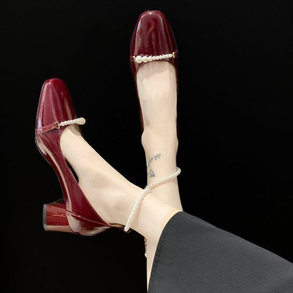 

dress shoes pearl straps chunky heels pumps women square toe ankle buckle wedding woman heeled patent leather, Black