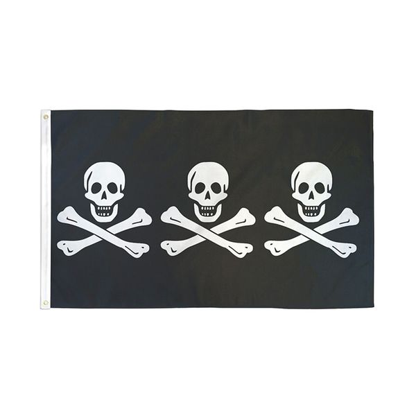 Three Pirate 3X5FT Black Flags Outdoor 150x90cm Banner 100D Poliestere Colori vivaci di alta qualità Due occhielli in ottone