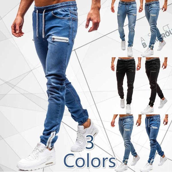 

men's jeans fashion zipper decoration washed simple slim fit drawstring, Blue