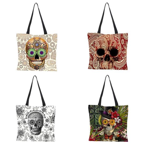 

halloween cool skull printing linen tote bag reusable shopping bags for women traveling school shoulder folding 43cm*43cm
