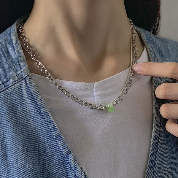 Einfache Grüne Stein Anhänger Männliche Halskette für Frauen Männer Silber Farbe Retro Hals Schlüsselbein Kette Choker Halsketten Schmuck