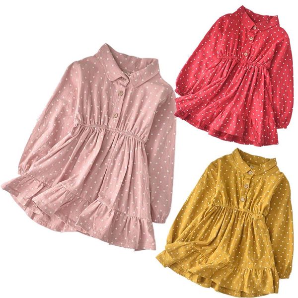 

girl's dresses autumn spring brand 2021 girls dress turn-down collar kid outfits heart print pattern cotton ruffle clothing girl 2-6y, Red;yellow