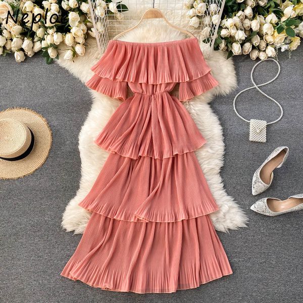

neploe slash neck strapless shoulder slim dress women high waist hip ruffles patch solid vestido short sleeve holiday robe 210422, Black;gray