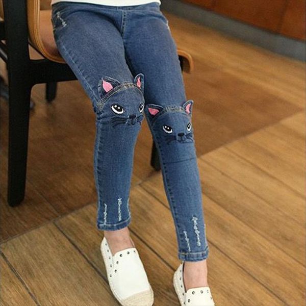 

jeans for children girls spring autumn embroider denim pants cute cat slim fit blue leggings 2 8 years toddler