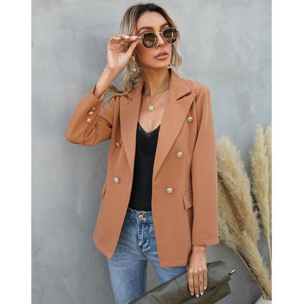 

women's suits & blazers spring and autumn lapel small suit 2021 long-sleeved solid color double-breasted jacket women en*, White;black
