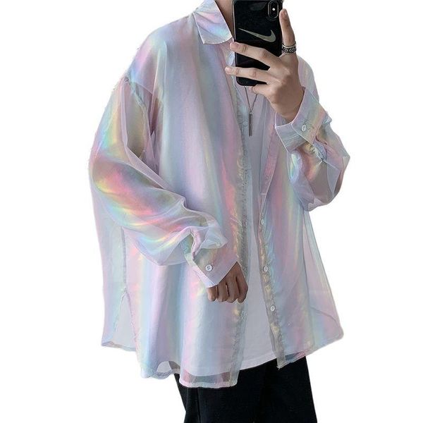 

men's casual shirts summer breathable rainbow color holographic reflective men oversized blouse street wear sun-protective clothing, White;black