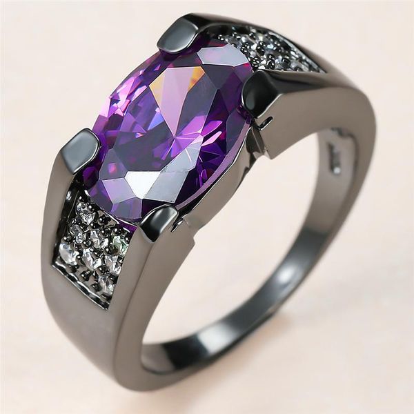 

elegant female purple crystal stone ring charm 14kt black gold wedding rings for women luxury bride oval zircon engagement, Slivery;golden