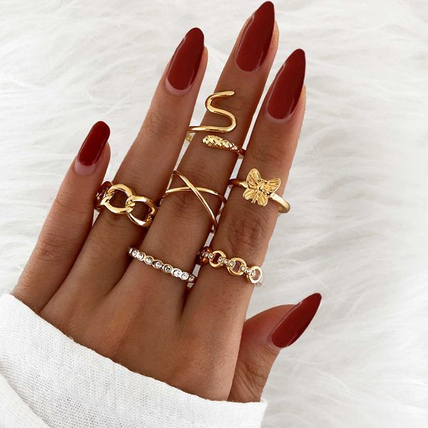 

52946 metal joint ring creative personality diamond butterfly snake ring 6 piece set, Silver