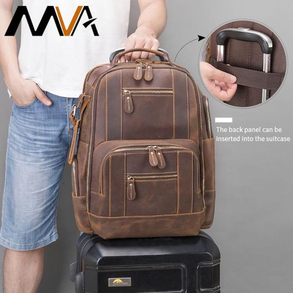 

backpack mva men's vintage crazy horse leather 15.6" lapbag large capacity business travel hiking shoulder daypacks 2251