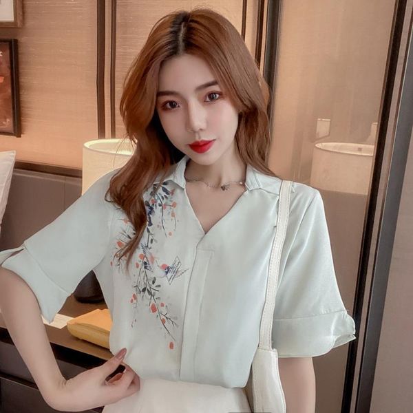 

women's blouses & shirts real s 2021 summer korean pullover v-neck bird print short sleeve chiffon shirt blouse hong kong style, White
