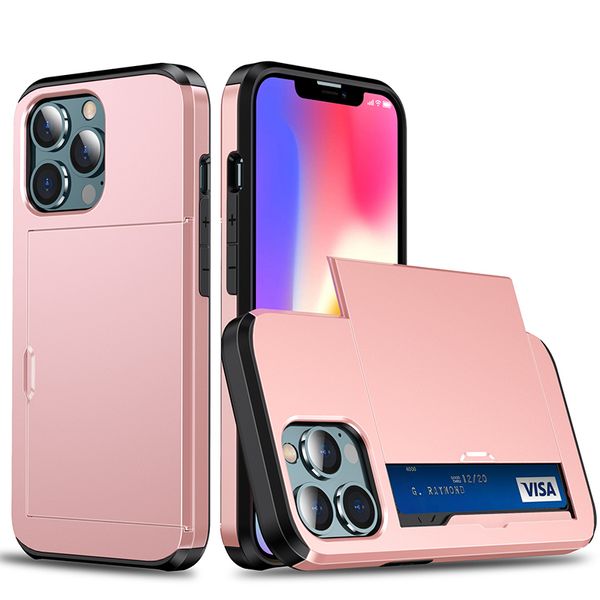 Мобильные телефоны для iPhone 14 Pro Max 13 Mini 12 11 XS XR X 8 7 Plus SE Deluxe PC TPU ARMOR CASE Защитный держатель кредитной карты Слайд Слэйд Двухслой Твердый крышка