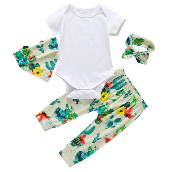 

clothing sets baby girl clothes floral print short sleeve +pants+headband+bibs 4pcs summer born infanttoddler outfits, White