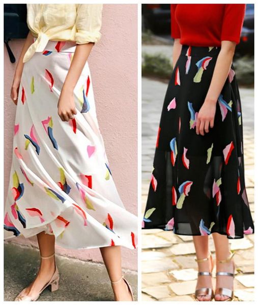 

sell summer women elastic high waist chiffon skirt below knee casual floral print beach boho holiday a-line skirts, Black