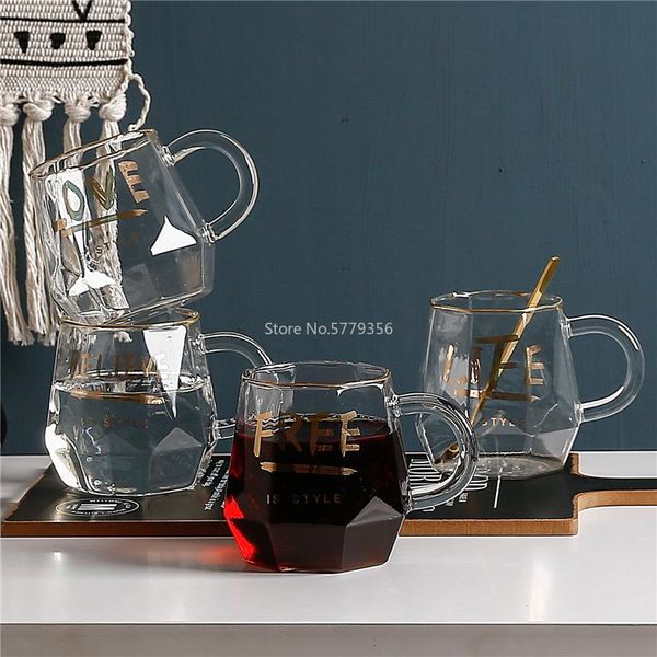 

creative geometry glass mug gold plated letter handle cup coffee milk tea wine juice home drinkware couple gifts 1pcs glasses