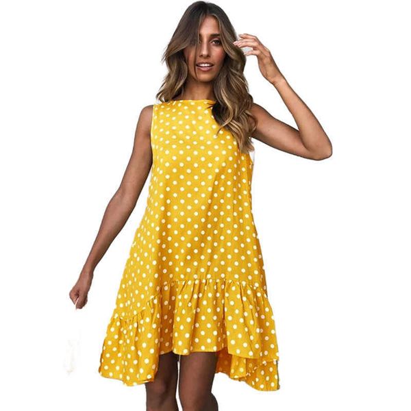 

polka dot dress women summer beach casual dress plus size sleeveless yellow loose a-line midi beach dresses vestidos 210715, Black;gray
