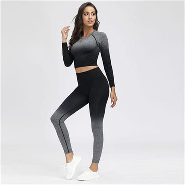 

womens seamless yoga tracksuits fashion trend long sleeve high waist leggings slim suit female casual hang dye fitness skinny 2pcs sets, Gray