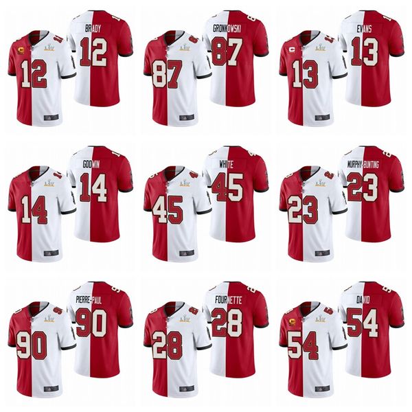 Tampa''bay''buccaneers''men 12 Tom Brady E 87 Rob Gronkowski Super Split Vapor Limited Camisas de futebol Red Bowl Branco