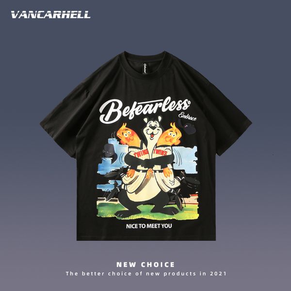 

tee polo sleeve t-shirt men's cartoon printing male student couple american t-shirt summer fashion loose half body, White;black