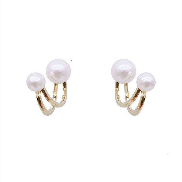 

s925 sier needle korean east gate double ring pearl earrings feminine temperament simple and versatile earrings can be worn two times, Golden