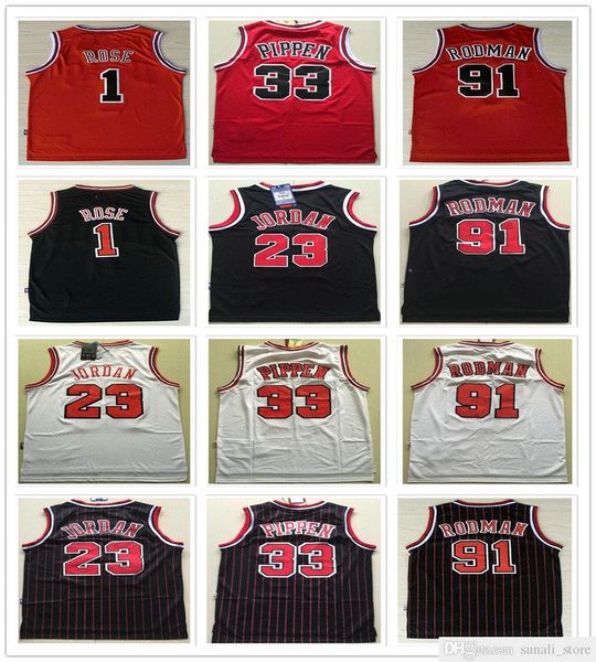 

stitched mesh vintage derrick 1 rose dennis 91 rodman scottie 33 pippen jerseys red white black 23 micheal jerseys basketball shirts, Black;red