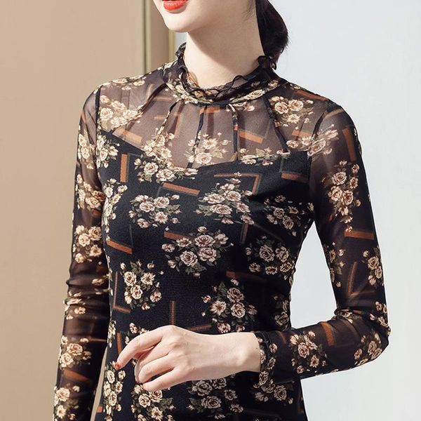 

arrivals 2021 spring long sleeve mesh elegant slim print patchwork ruffles shirt plus size -4xl women clothing women's t-shirt, White