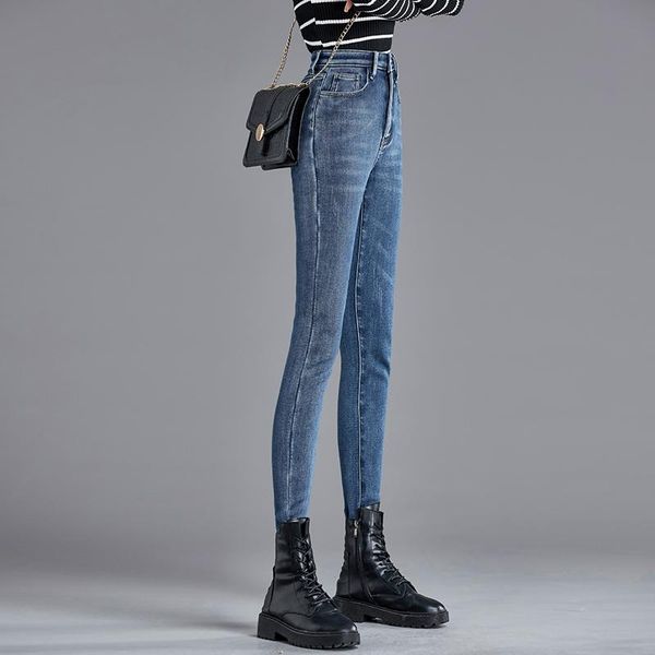

fleece jeans women autumn and winter thickened high waist elastic band outer wear long pants women's, Blue
