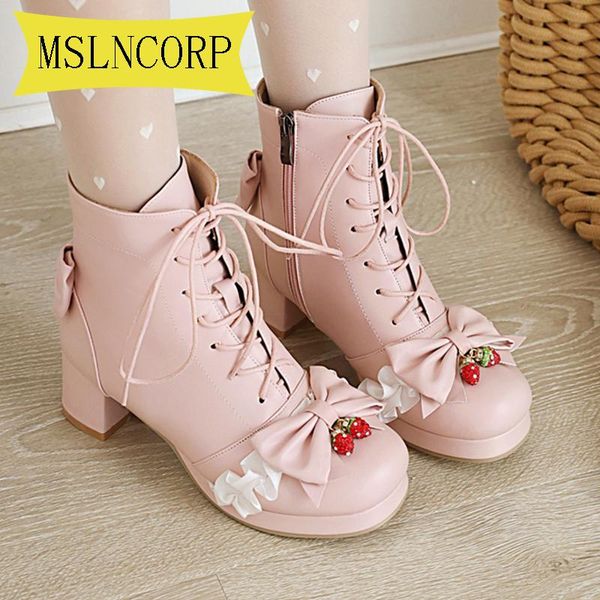 

boots plus size 34-48 thick with ankle women shoes sweet lace lolita lovely cosplay party ladies high heels woman, Black