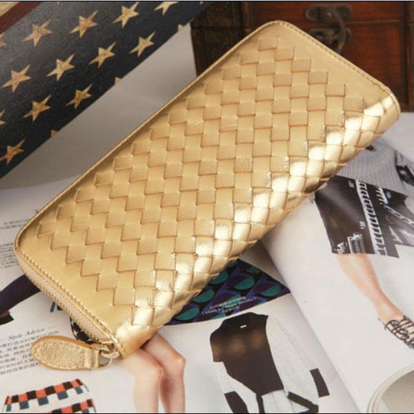 

wallet women's purse made of sheepskin woven long gradual change zipper gold, Red;black