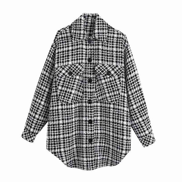 

streetwear women woolen coat fashion ladies plaid loose outercoat causal female pocket oversize overcoat chic girl blazer 210427, Black