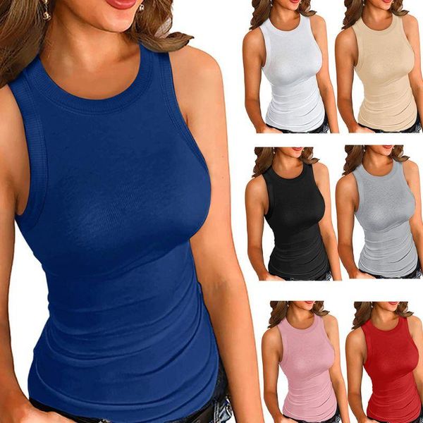 

women's tanks & camis women summer sleeveless round neck tank ribbed knitted solid color slim vest casual stretch basic racerback, White
