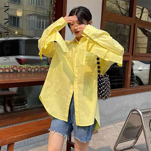 

yellow sunscreen blouse women's summer laple large size single breasted long sleeve shirt female fashion 210427, White