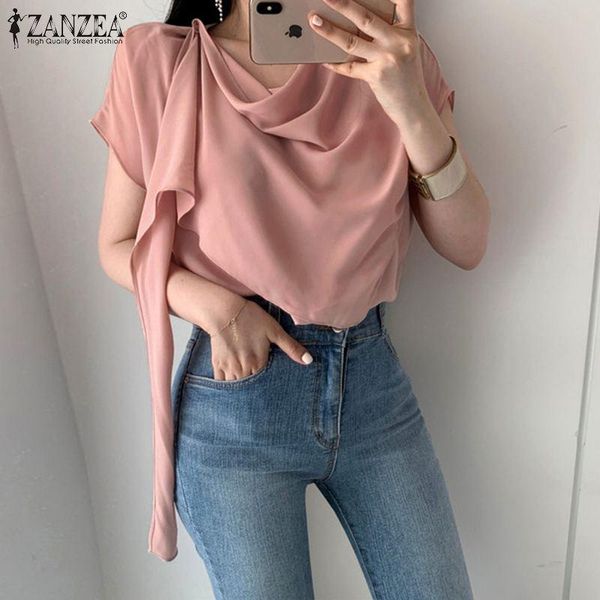 

women's blouses & shirts irregular women blouse zanzea 2021 summer elegant office lady casual solid loose tunic short sleeve blusa plus, White