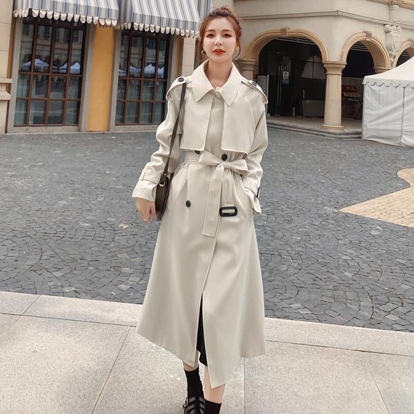 

women's trench coats fashion women coat beige long double-breasted with belt spring autumn lady female outerwear quality fs107, Tan;black